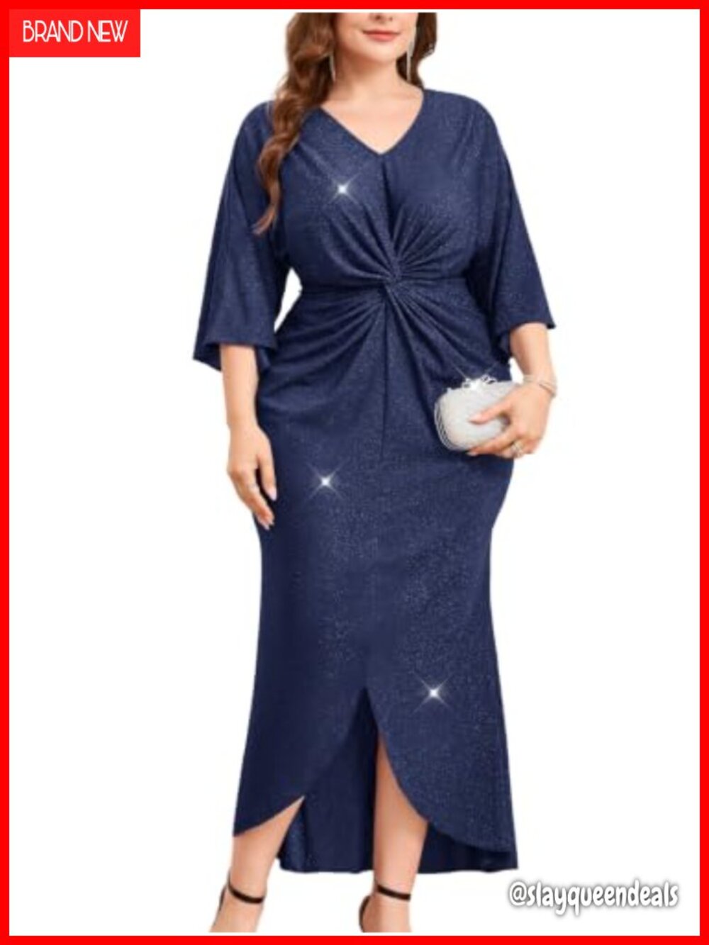 Sparkly Glitter V-Neck Twist Waist Midi Mermaid Cocktail Formal Dress